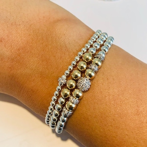 Two-tone 925 Sterling Silver & 14K Gold Filled, CZ Beaded Ball Bracelet, 4mm 5mm, Layering Jewelry. Mixed Metal, Stacking Stretch Bracelets.