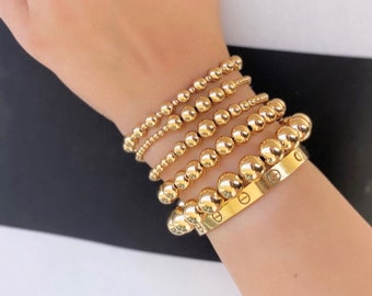 Large Gold Filled Beaded Ball Bracelet, 6mm, 7mm, 8mm, 10mm 14k Yellow Gold Filled Layering Jewelry, Stacking Stretch Bracelets