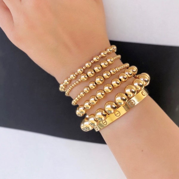 Large Gold Filled Beaded Ball Bracelet, 6mm, 7mm, 8mm, 10mm 14k Yellow Gold Filled Layering Jewelry, Stacking Stretch Bracelets