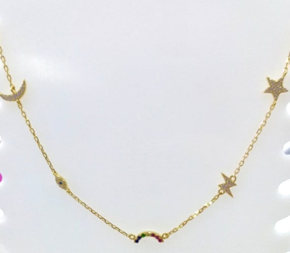 Celestial Medallion Necklace with Cubic Zirconia Star, Lightning, Evil Eye, Heart, Moon Celestial Medallion Necklace with Cubic Zirconia Star, Lightning, Evil Eye, Heart, Moon