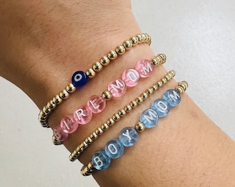 Gold Filled Name Bracelet, Blue Boy Mom and Pink Girl Mom Bracelets, 4mm Round Ball Beads + Custom Name Bracelets, Stacking Stretch Bracelet