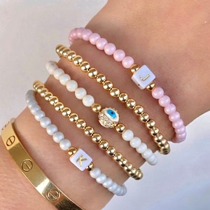 Gold Beaded Bracelet Stack: Pastel Pink, Gray, Ivory, Custom Name