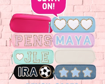 SEWN ON! Personalized Pencil Case - Custom Patch Nylon Slim Pouch - Pen Case with Chenille Patches - Back to School - Makeup Brush Case
