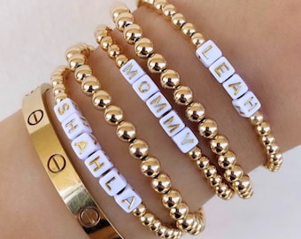 Personalized Gold Filled Beaded Ball Name Bracelet, White & Gold Cube Letter Beads, Custom Name, Stacking Stretch Bracelets