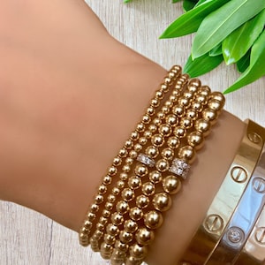 Gold Filled Ball Bead Stretch Bracelets, 2.5mm, 3mm, 4mm, 5mm, 14K Yellow & Rose Gold Filled Stacking Jewelry, 925 Pave CZ Rondelles
