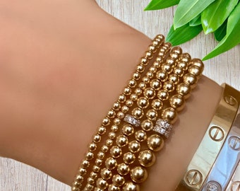 Gold Filled Ball Bead Stretch Bracelets, 2.5mm, 3mm, 4mm, 5mm, 14K Yellow & Rose Gold Filled Stacking Jewelry, 925 Pave CZ Rondelles