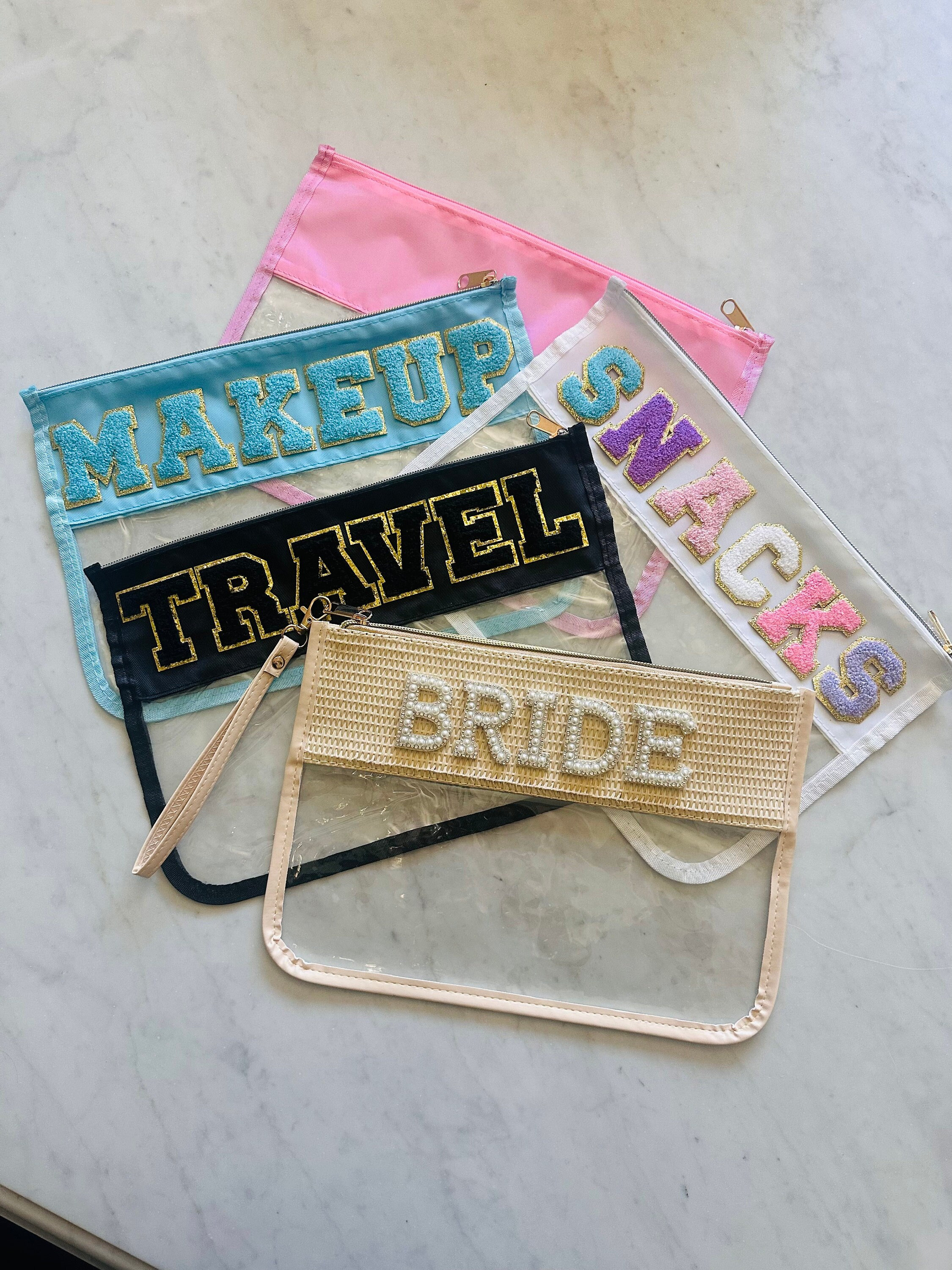 Personalized Clear Pouch with Patches - Perfect for Make-Up, Snacks, Travel, and Gifting - Ideal Bride or Bridesmaids Gift