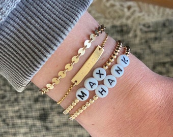 Gold Filled Name Bracelet, White Letters, Beaded Letter Bracelet, Custom Word, Personalized Bracelet, Stacking Bracelet, Layering Jewelry