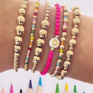 Gold Bead Bracelet, 14K Gold Filled Beaded Ball Bracelet, 3mm, 4mm, Colorful Rainbow Beads, Layering Jewelry, Stacking Stretch Bracelets
