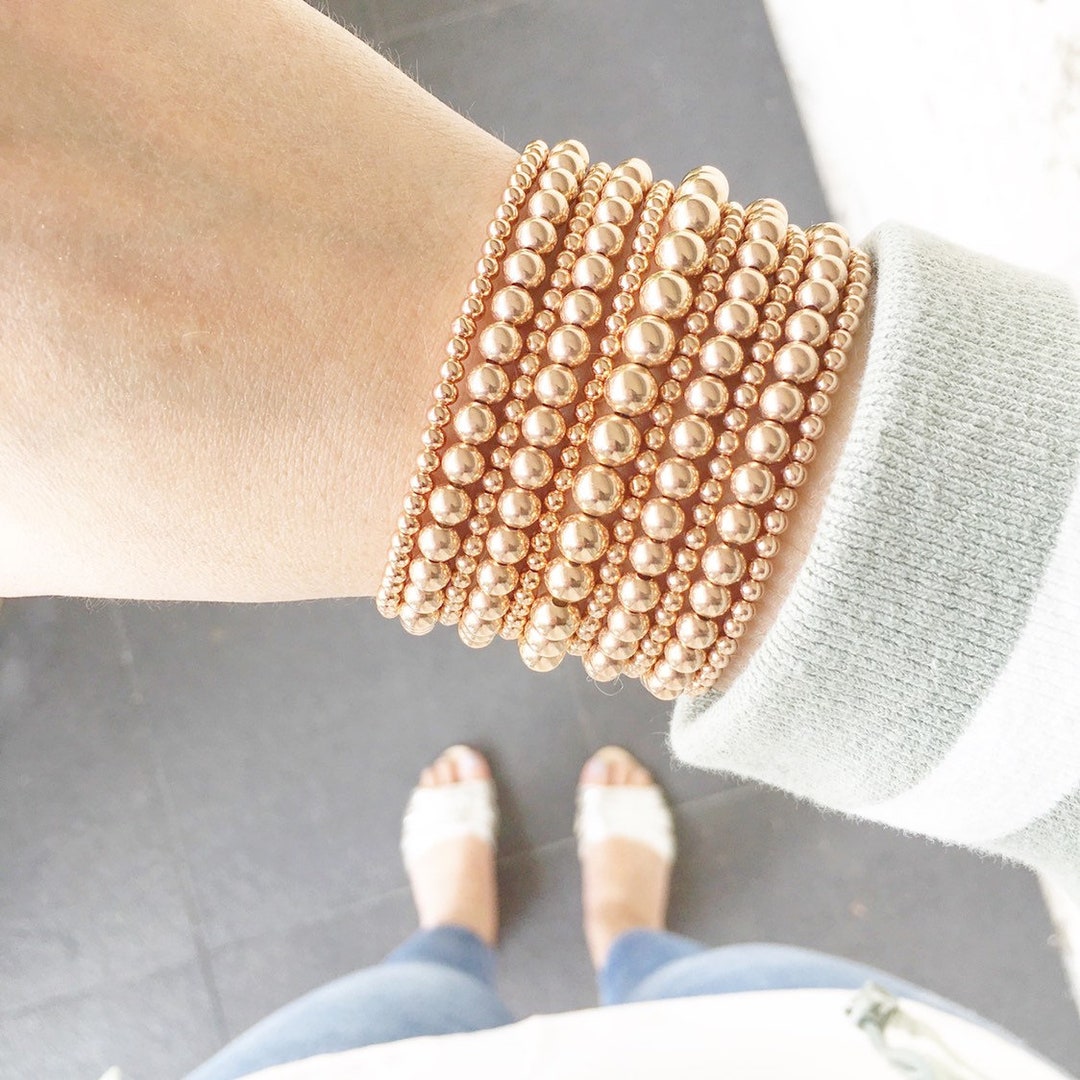 Rose Gold Bead Bracelet, 14K Rose Gold Filled Beaded Ball Bracelet, 3mm, 4mm, Stacking Stretch