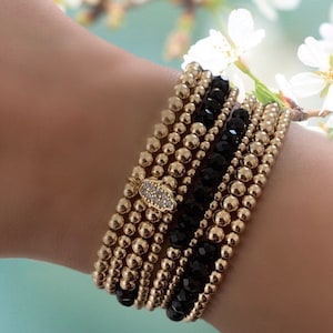 14K Gold Filled Beaded Bracelet: Onyx Gemstones, Stacking Jewelry