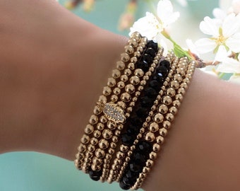 14K Gold Filled Beaded Bracelet: Onyx Gemstones, Stacking Jewelry