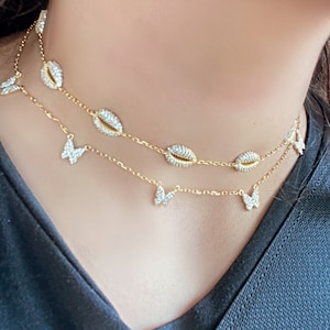 Gold Pave Shell Choker Necklace | 925 Sterling Silver Vermeil Clear & Colorful Pave CZ Multi Colorful Rainbow Layering Necklace