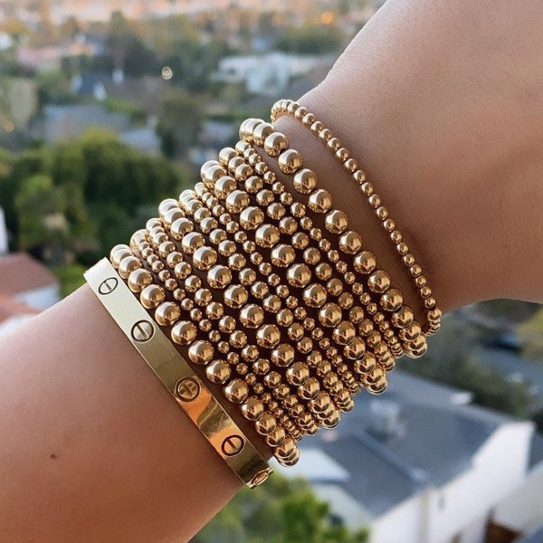 APILAR Y AHORRAR / Paquetes de pila de pulseras de bolas con cuentas llenas de oro / Conjuntos de pulseras llenas de oro de 14k / Joyería en capas / Pulseras elásticas