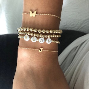 Gold Bead Name Bracelet, White & Gold Round Letter Beads, Custom Name, 14k Gold Filled Ball Beads, Stacking Stretch Bracelet, Personalized