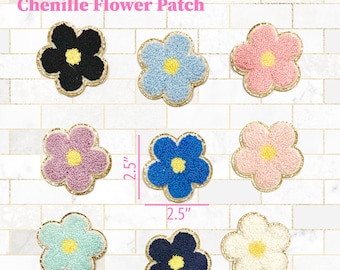 3m Self-Adhesive Chenille Flower Patches with Gold Sequin Border | 2.5” Colorful Flower Patch | Adhesive Patches | DIY