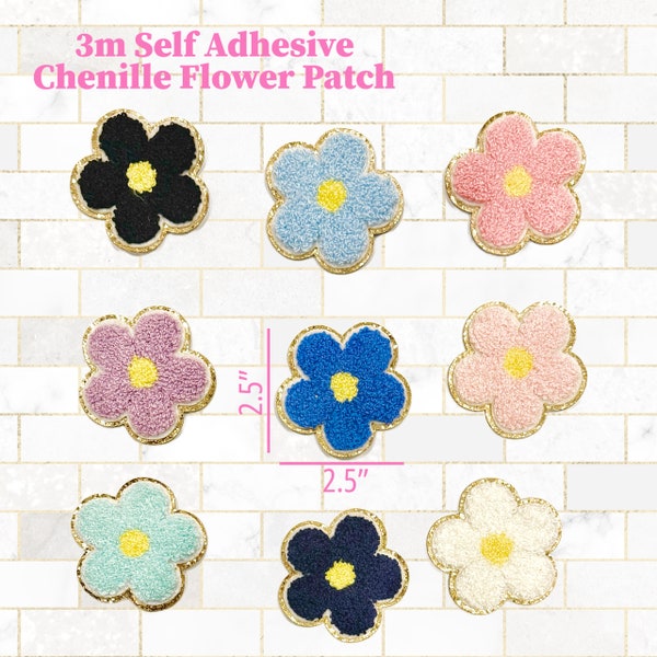 3m Self-Adhesive Chenille Flower Patches with Gold Sequin Border | 2.5” Colorful Flower Patch | Adhesive Patches | DIY