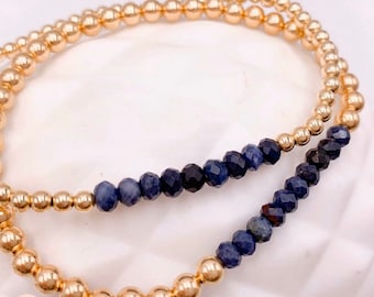 Gold Filled & Sapphire Gemstone Bead Stacking Stretch Bracelet, 14K Yellow and Rose Gold Filled Beaded Ball Bracelet, September Birthstone