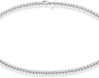 Solid 925 Sterling Silver Beaded Necklace, Thin Choker Necklace, Layering Jewelry, Everyday Necklace, 2.5mm 3mm 4mm 5mm 6mm