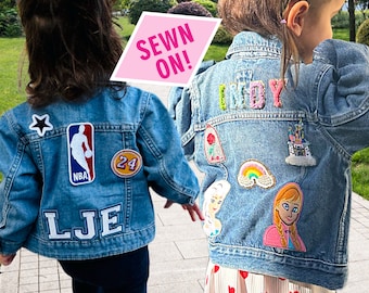 SEWN ON! Chenille Letter Patch Jean Jacket, Custom Kids Patch Denim Jacket, Personalized Patch Denim Jacket for Girls, Boys, Toddlers, Gift