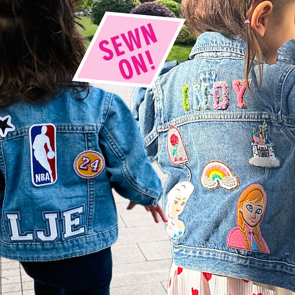 SEWN ON! Chenille Letter Patch Jean Jacket, Custom Kids Patch Denim Jacket, Personalized Patch Denim Jacket for Girls, Boys, Toddlers, Gift