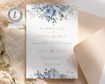 Dusty Blue Wedding Invitation, Editable Bohemian Wedding Invite, Blue Boho Floral Wedding invite, Editable Blue Wedding invitation_WI0044