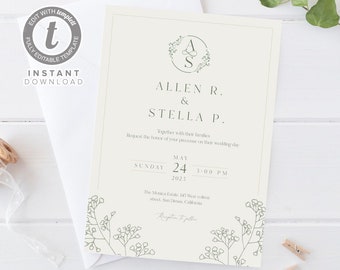 Modern Rustic Botanical Floral(Gypsophila)Wedding Invitation Template, Editable Wedding Invite Printable, Templett Instant Download