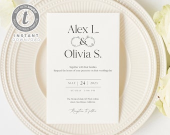 Minimalist Floral infinity Sign Wedding Invitation Template, Simple Editable Wedding Invite Printable, Templett Instant Download, WI0015