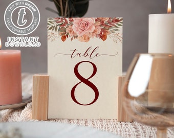 Rose Floral Wedding Table Number Template, Wedding Numbers, Editable Number template,Editable Printable, Templett Instant Download WI0029