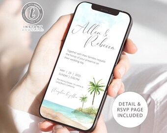 May include: A digital wedding invitation with a watercolor background featuring a beach scene with palm trees. The invitation reads "Allen & Rebecca" and includes the date and time of the wedding, the location, and the text "Reception to follow".