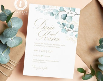Eucalyptus Greenery Wedding Invitation Template, Editable Wedding Invite Printable, Templett Instant Download WI0023
