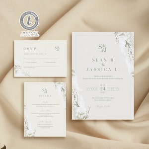 Watercolor Rustic Botanical Floral Wedding Invitation Set Template, Editable Wedding Invite Printable, Templett Instant Download