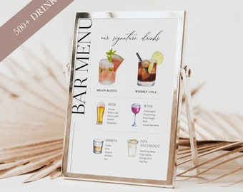 Plantilla editable para menú de bar, cartel minimalista para bebidas de boda (descarga digital)