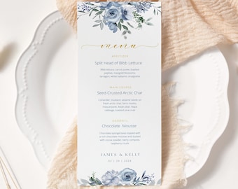 Dusty Blue Wedding Menu Template, Blue Boho Floral Menu, Printable Wedding Menu ,Dinner Brunch Menu, Dusty Blue Flower Menu Card WI0042