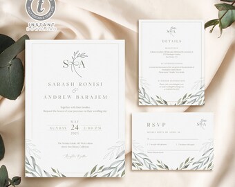 Rustic Wedding Invitation Set, Editable Wedding Invite printable template, Templett Instant Download_WI0006