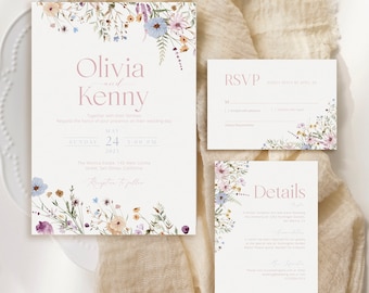 Plantilla de invitación de boda con flores silvestres de primavera, invitación con flores silvestres, invitación de boda boho editable e imprimible, descarga instantánea WI0047