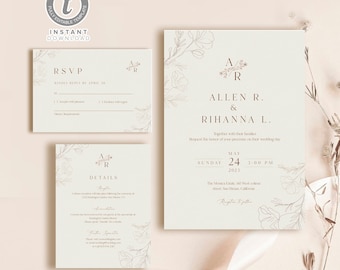 Wildflower Wedding Invitation Template: Rustic Botanical Design (Instant Download)
