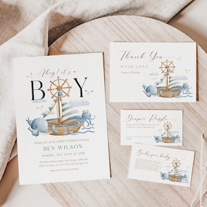 Modèle d'ensemble d'Invitation pour baby shower Ahoy, Ahoy, c'est une invitation de bébé garçon, invitation de saupoudrer de bébé modifiable océan marine Cutie nautique, B0015