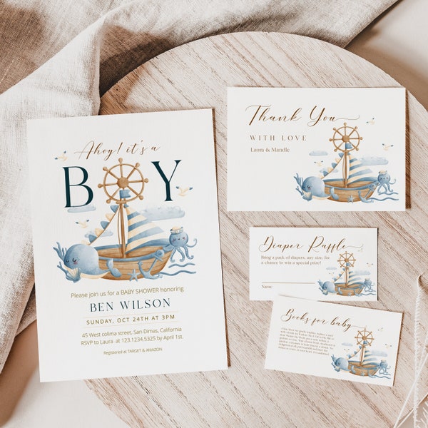 Ahoy Baby Shower Invitation Set Template, Ahoy Its a Boy baby invite, Nautical Cutie Ocean Marine  Editable Printable Template, B0015