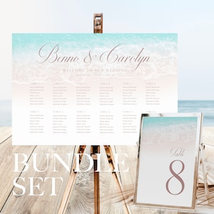 Summer Beach Sand Wedding Seating Chart & Table Card Template Bundle, Ocean beach Seating Plan, Printable, Editable Sign, Horizontal WI0021