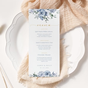 Plantilla de menú de boda azul polvoriento, menú floral boho azul, menú de boda imprimible, menú de brunch de cena, tarjeta de menú de flores azul polvoriento WI0042