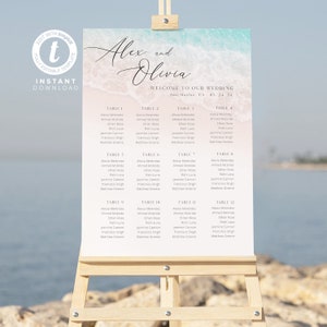 Sommer Strand Hochzeit Sitzplan Vorlage, Ozean Strand Sitzplan, druckbare, bearbeitbare Zeichen, Templett SOFORT Download, vertikal WI0021