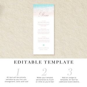 May include: Editable template for a wedding menu with a beach theme. The menu features a blue and white watercolor background with a starfish. The text includes the words "Menu", "Appetizer", "Main Course", "Dessert", and "Sean & Jassia".