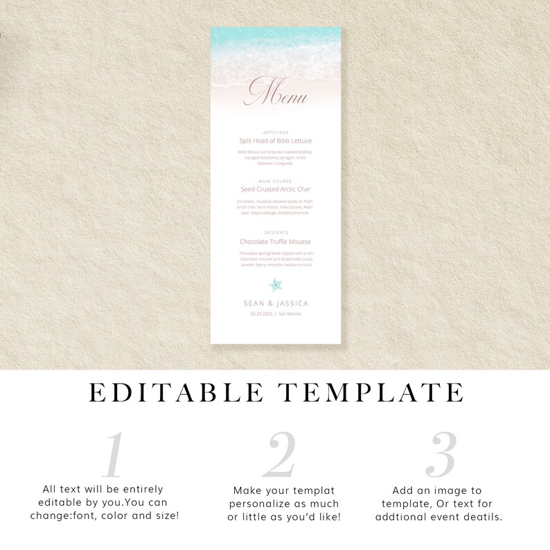 May include: Editable template for a wedding menu with a beach theme. The menu features a blue and white watercolor background with a starfish. The text includes the words "Menu", "Appetizer", "Main Course", "Dessert", and "Sean & Jassia".