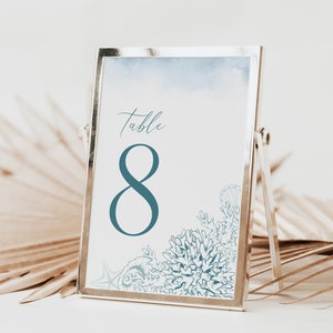 Blue Ocean Wedding Table Number Card Template, Editable Coastal Printable Table Card ,Blue Sea Ocean Table Number WI0024 image 1