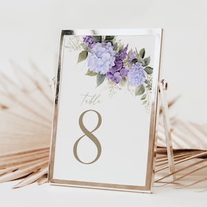 Modèle de numéros de table hortensias, carte de table de mariage floral violet modifiable, carte de table hortensia lilas, numéros de table modifiables WI0062P