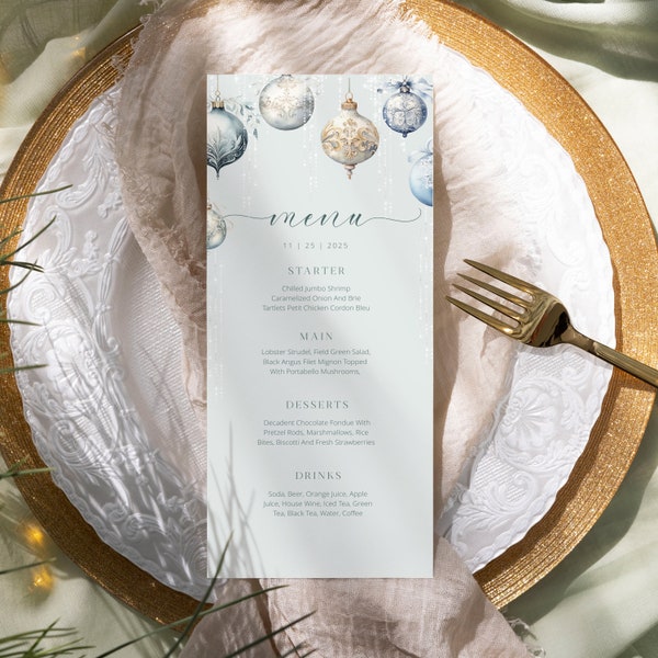 Christmas Menu Template, Winter Holiday Menu, Editable Christmas Menu ,Winter Wedding Menu, Holiday Dinner Table Card, Xmas Menu Winter0010