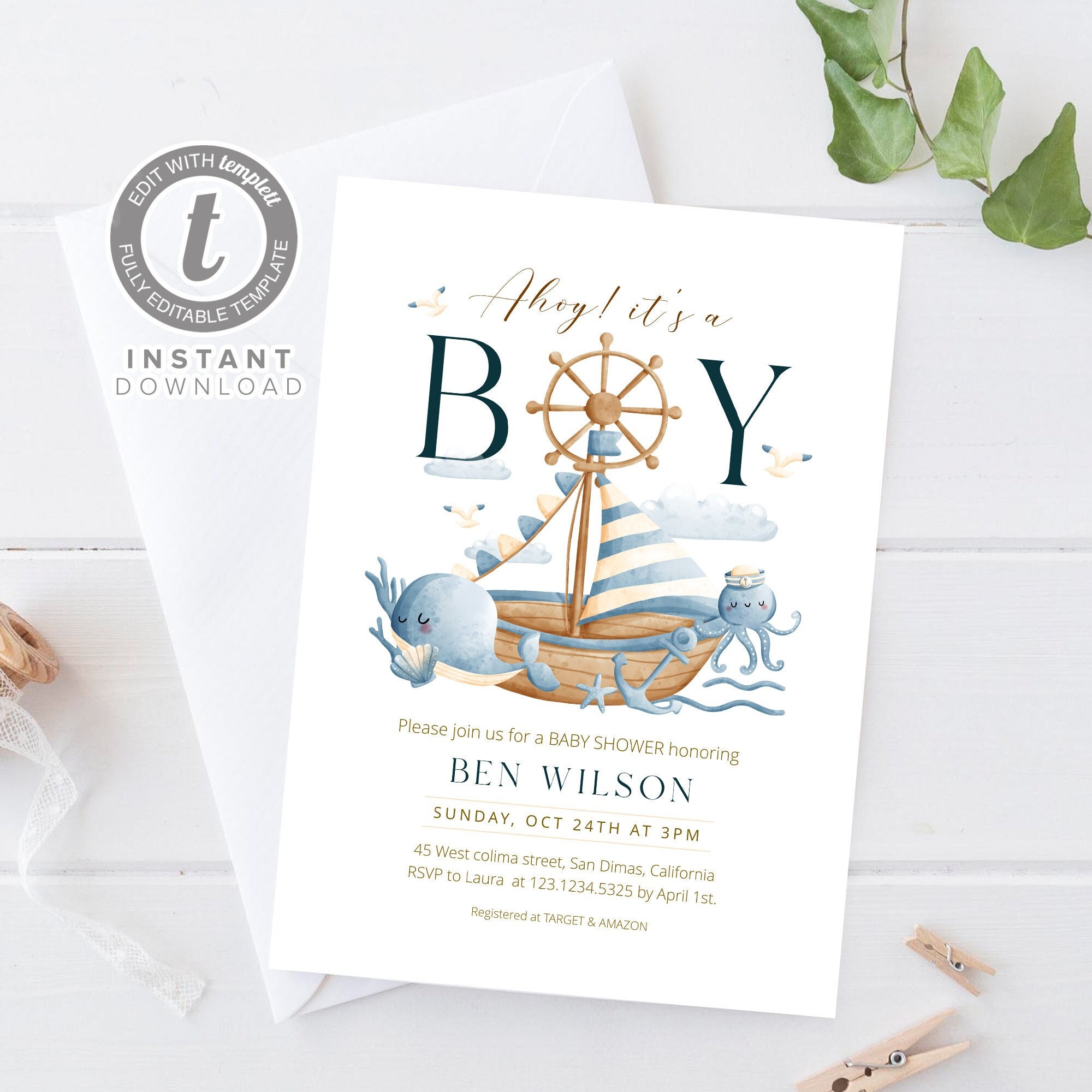 Ahoy Baby Shower Invitation, Ahoy Its a Boy Baby Invite, Nautical Cutie ...