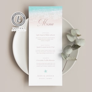 Modèle de Menu de mariage de plage, TÉLÉCHARGEMENT INSTANTANÉ, Modèle de Menu sur le thème de la plage, Menu de table modifiable, Menu imprimable, Modèle de Templett WI0021