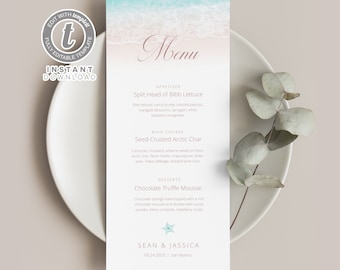 May include: A wedding menu with a beach theme. The menu features a blue and white watercolor background with a pink and white ombre effect. The menu includes appetizers, main course, and desserts. The text on the menu is in a light pink color. The menu is titled "Menu" and includes the names "Sean & Jassica" and the date "05.24.2023".